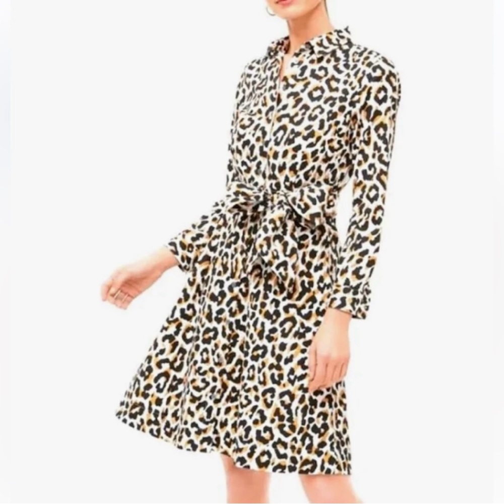 J Crew Factory Leopard Tie-Waist shirt dress in cotton poplin
